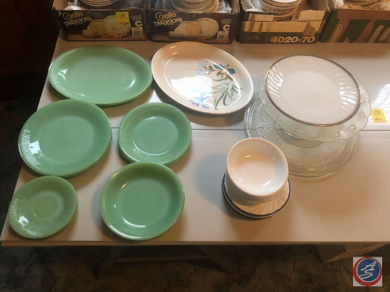 Cake Stand, Crown Potteries Platter, Fire King Oven Ware Plates, Bowls, Saucers, Desert Plates