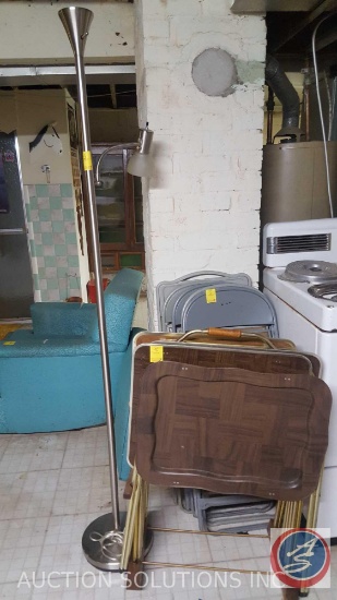 (5) Metal Folding Chairs, Complete Vintage Metal TV Tray Set with Stand, Floor Lamp