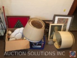 Framed Christmas Tree Wall Hanging, (3) Lamp Shades, Christmas Plastic Serving Trays, Reader's