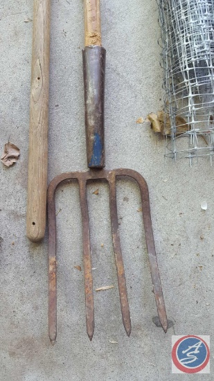 Push Broom Pitch Fork, Hoe, Pick Axe (2) Partial Rolls of Plastic Fencing