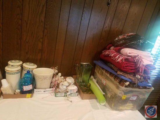 Lidded Jar, Hinged Jars {{ONE HAS BROKEN HINGE}}, Ceramic Trash Can, Assorted Throw Blankets,