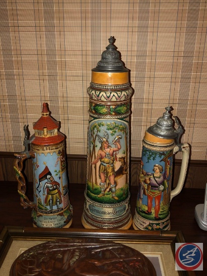 (3) Large Germany Hinge Lidded Beer Steins, Framed Print