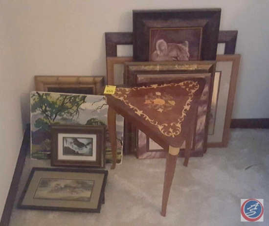 SM Made in Italy Musical Triangle Table; Plays "Autumn Leaves", Framed Prints of Tigers and Lions
