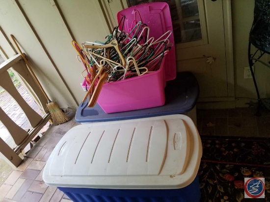 (2) Totes of Plastic and Wooden Hangers, (2) Totes of Picture Frames