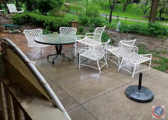 Glass Patio Table w/ Four Chairs, Patio Decoration, Hose Reel with Hose, (2) Gazing Ball Holders