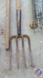 Push Broom Pitch Fork, Hoe, Pick Axe (2) Partial Rolls of Plastic Fencing