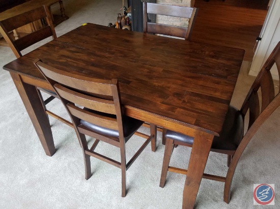 Counter Height Dining Table with Hidden Leaf, (4) Counter Height Wooden and Leather Stools