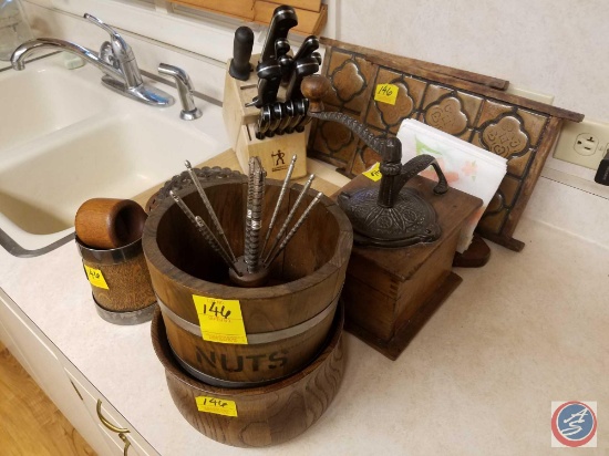 Wooden "Nuts" Bowl with Nut Crackers, Wooden Bowl, Wooden/Metal Cup, Napkin Holder, Knife Set in