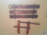 (2) Antique Stratton Bros. Level, Antique Keen Kutter Level on Wall Hanging, Antique Wooden Clamp