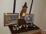 Assortment of Jett Brunet Carved Ducks, (2) Framed Prints, Resin Figurine