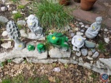 (3) Frog Yard Ornaments, Cement Mushroom, Lion, Boy Yard Ornaments