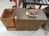 (3) Wooden Boxes, Metal Dustpan, Padlocks, Bookshelf 27
