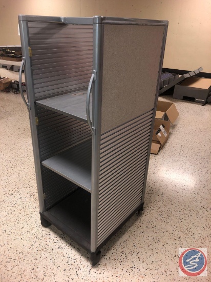 Laptop Storage and Charging Cart On Wheels with White Board on One Side and Upholstered On One Side