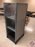 Laptop Storage and Charging Cart On Wheels with White Board on One Side and Upholstered On One Side