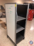 Laptop Storage and Charging Cart On Wheels with White Board on One Side and Upholstered On One Side