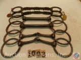 (3) pairs of bits, 6 in. jointed Snaffle - 5 in. solid bar log bit - 6 in. saw tooth with original