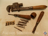 (3) tools including 12 in. Wrench 'Erie Tool Co' - Stillson Wrench and tack puller and tool kit