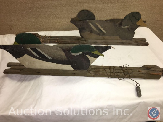 Vintage Cardboard Duck Decoys with Wooden Slats and Pull Cords
