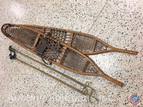 Pair of Oak Framed Snow Shoes with Rawhide Webbing; (2) Vintage Ski Poles