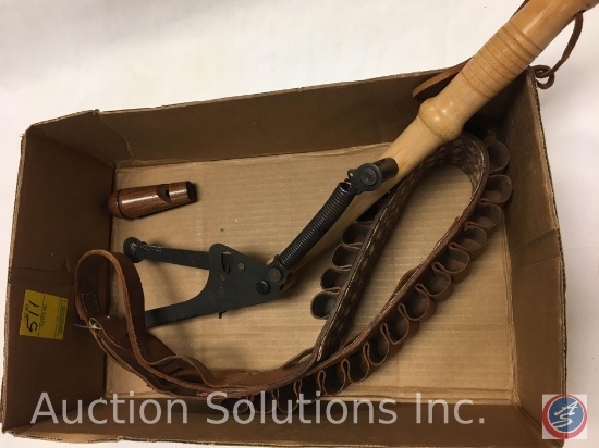 Vintage Western Leather Ammunition Belt, holds 25 Rounds; Vintage Nesco Skeet Thrower; Wooden