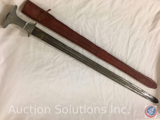 Antique Double Edged Sword with Pommel and Leather Scabbard