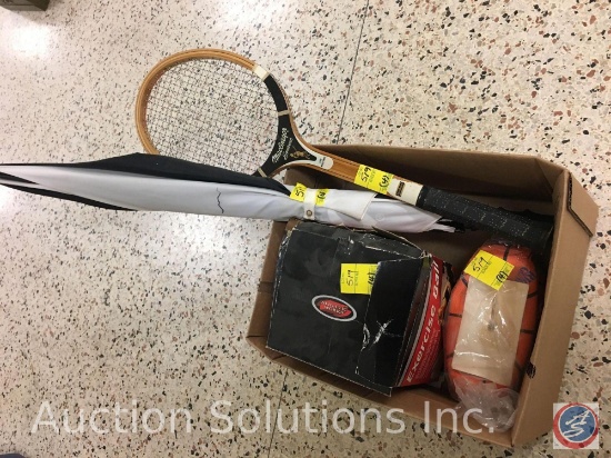 MacGregor Speedway Tennis Racket, Umbrella, 1991 Rawlings Uninflated Mini Basketball, Athletic Works