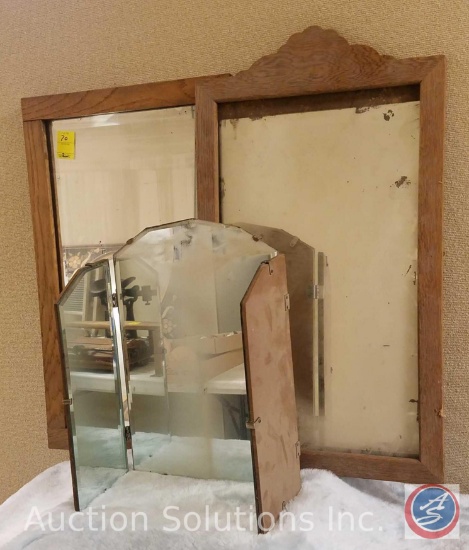 Antique 25 x 18 in. Tri-Folding Mirror, and (2) Wood Framed Wall Mirrors 16 x 27, and 16 x 29 in.