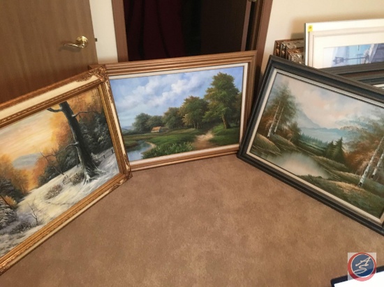 {{3x$BID}} Vintage Framed Canvas Painting 44" x 33" Signed by Shaw, Deng Bin, J. King