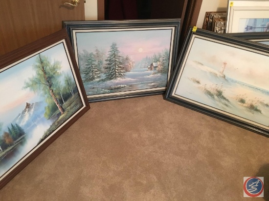 {{3x$BID }} Vintage Framed Canvas Painting 41" x 31" Signed by K Lunson, C. Briass, Bommer