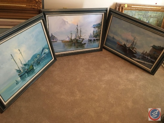 {{3X$BID}} Vintage Framed Canvas Painting 44" x 33" C. Thomas, (2) Rossy