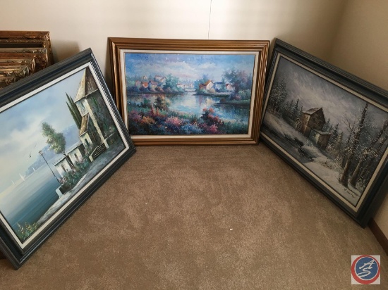 {{3X$BID}} Vintage Framed Canvas Painting 44" x 33" 41" x 31" Jane Brown, Mary Rela? {{Illegible}},