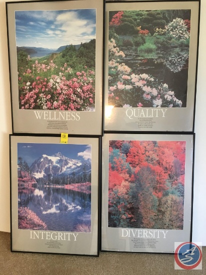 (4) Framed Posters "Integrity" "Diversity" "Wellness" "Quality" 18 1/4" x 24"