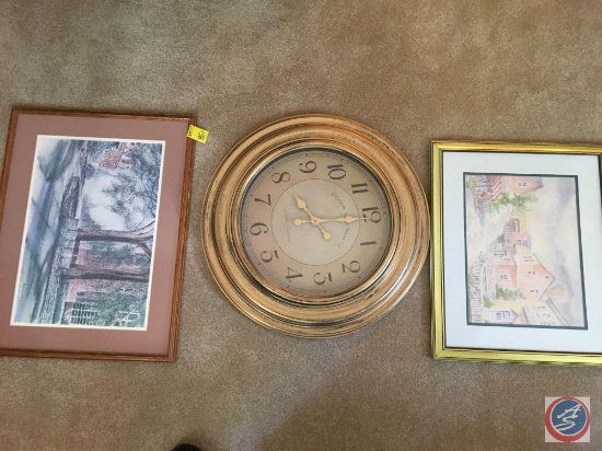 (2) Framed Prints Marvin Hill, No Signature, Eninburgh Clock Works Co. Wall Clock