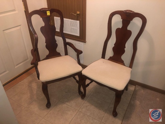 (2) Wooden and Upholstered Dining Chairs (1) Captain, (1) No Arms