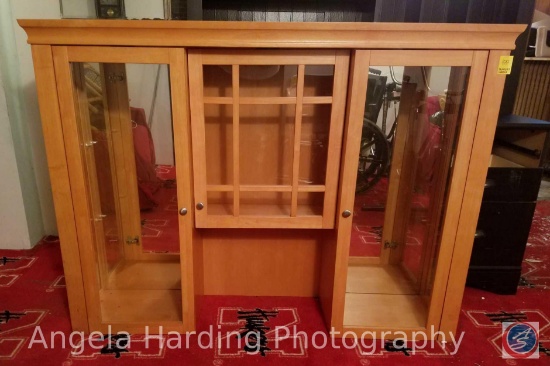 (3) Glass Door Lighted Top Half of a China Hutch in Toasted Amber Color with Mirror Back 58"x14"x43"