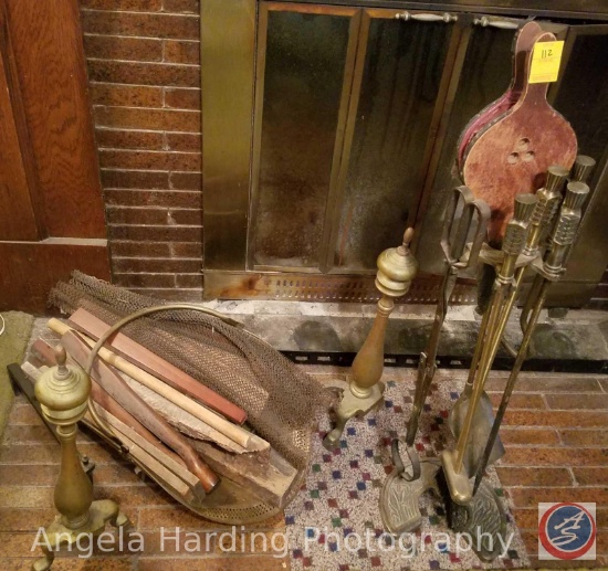 Brass Fireplace Tool Set to Include: Log Holder, (2) Andirons, Shovel, Poker, Broom, Tongs, Stand