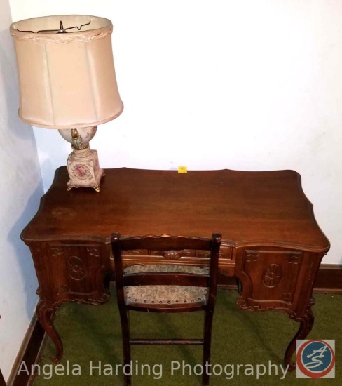Antique Wood Desk with (1) Drawer and (2) Side Cubbies 40"x20"x29", Matching Chair and Antique