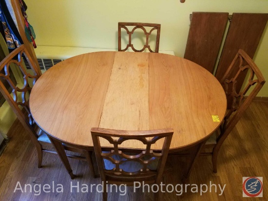 Wood Dinning Table 42"x30" with (3) Leafs 12" each and (4) Padded Seat Chairs (Some Stains)