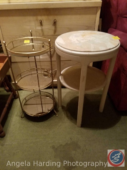 Vintage Wood Round Side Table with Shelf 16"x25" and (3) Tier Metal with Mirrored Shelf Stand