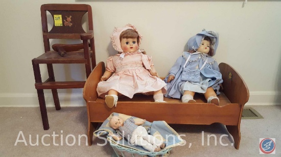 Antique Doll High Chair {{Broken Arm}}, (3) Antique Composite Dolls, Doll Cradle
