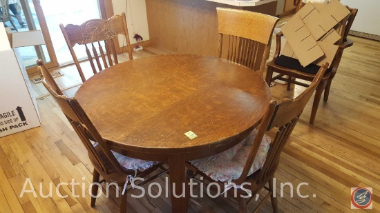Round Wood Kitchen Table on Casters 41" x 29" w/ (3) Chairs 38" + (1) Unmatched Chair