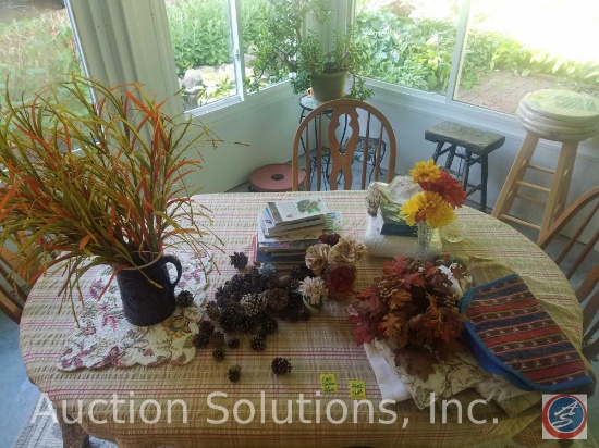 Ceramic Pitcher w/ Faux Flowers, Pinecones, Table Linens, Garden Frog Statue, Vase w Faux Flowers,