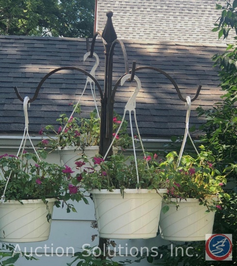 Assorted Shepard's Hooks, Assorted Planters w/ Flowers Growing, Bird Houses {{THIS LOT IS BACK YARD