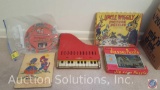 Antique Tin Piano (NO LEGS), Vintage Child's Puzzle Board, Vintage Spelling and Counting Board,