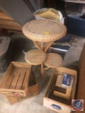 Antique Forney's Fruit Advertising Crate, Del Churte Chili Advertising Crate, Wicker Plant Stand,