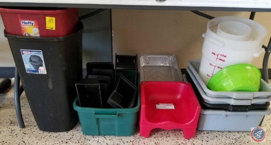(3) Trash Cans, Condiment Dispenser Tray, 22 Qt Cambro, Bus Tubs