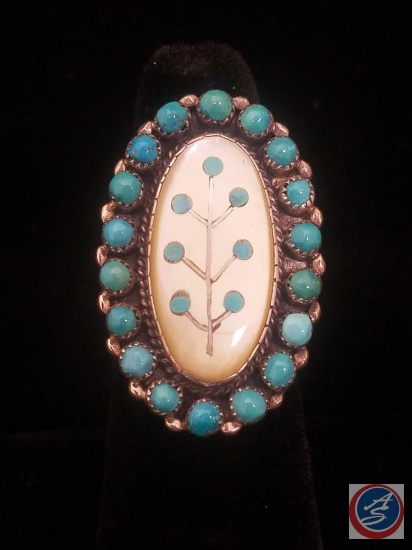 Henry T Morris* Natural Turquoise and Silver Ring Size 7 Hallmarked 'HTM Sterling' Circa 1970s