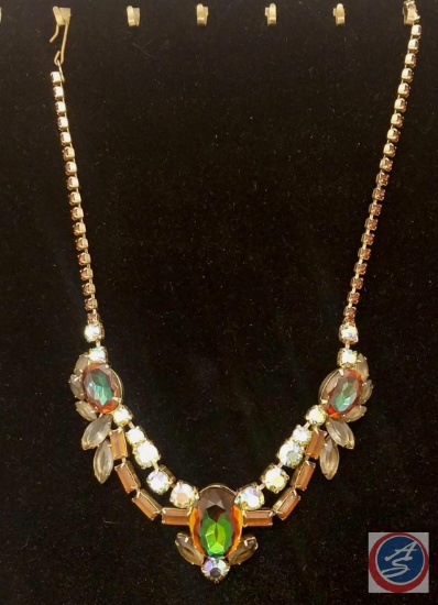 Vintage Rhinestone Necklace, Beaded Vintage Necklace w/ Rhinestone Clasp, Vintage Monet Enamel