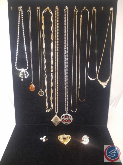Vintage Rhinestone Brooch, Vintage Locket on Chain, Vintage Chains