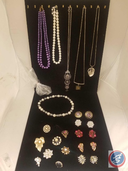 Vintage Costume Jewelry Clip on Earrings, Beaded Necklaces, Sagittarius Necklace, Silver and Gold